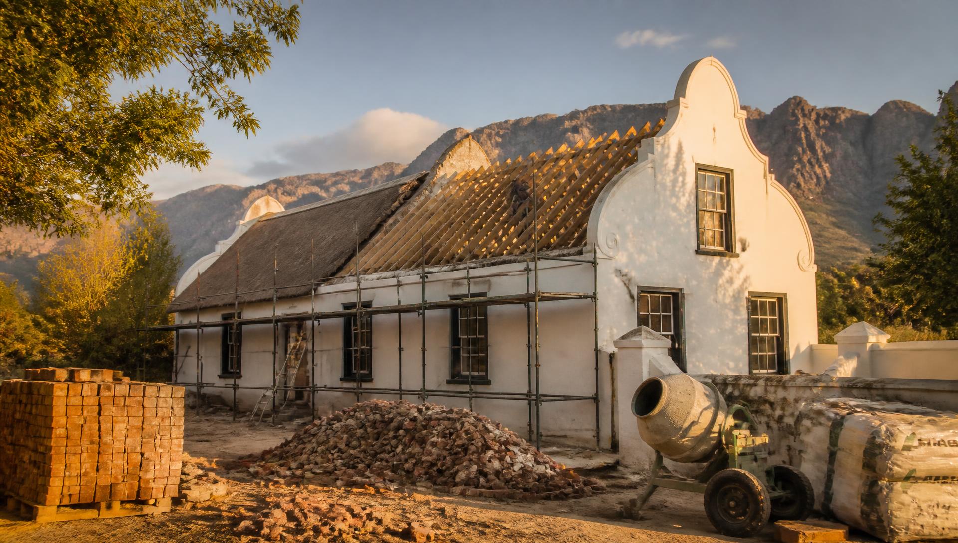 Cape Dutch style Western Cape home under renovation with scaffolding and new roof timbers
